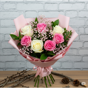 4 Pembe 3 Beyaz Gül Buketi